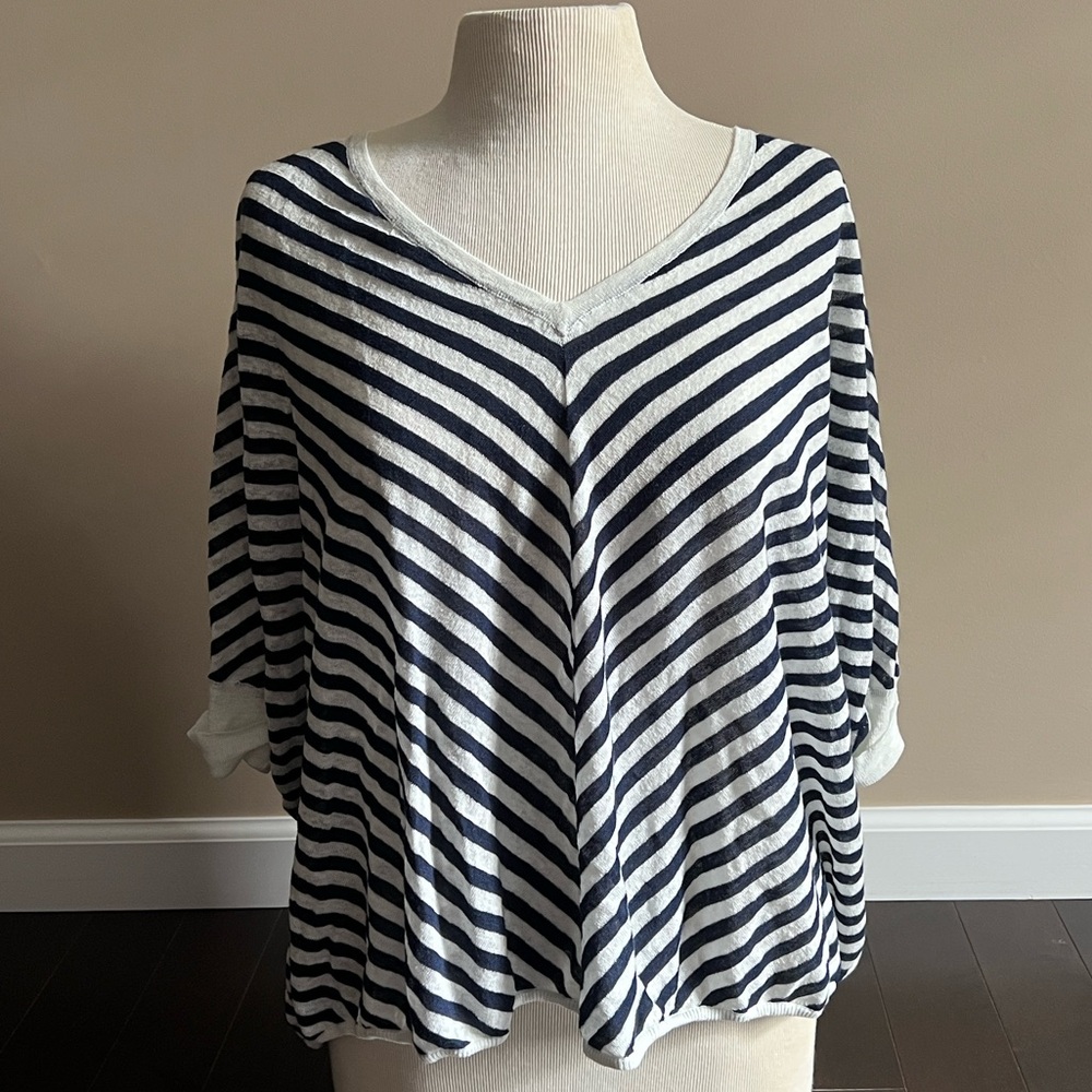 Chicos sz 3 Navy/White Striped Top Dolman sleeve, Linen Blend XL 16